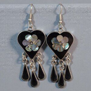 Heart-Shaped Dangle Earrings With Black Enamel & Abalone Shell Inlay Handmade In